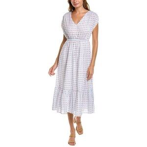 Mer St. Barth Smocked Waist Tiered Midi Dress - Red & Blue Geometric Size Large